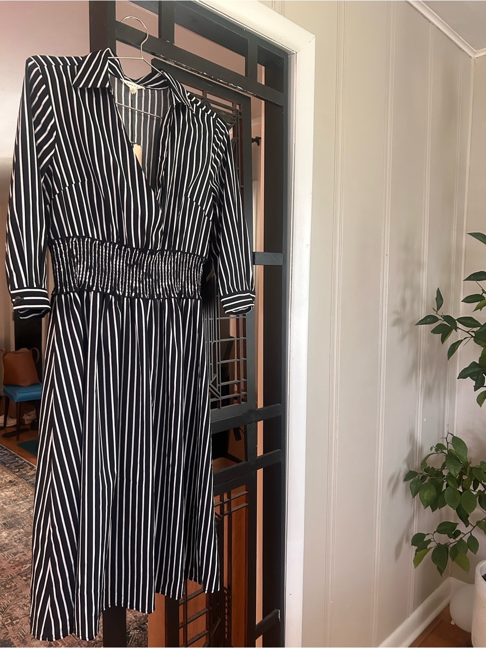 NWT GILLI  Black & White Striped Shirt Dress with Smocked Waist